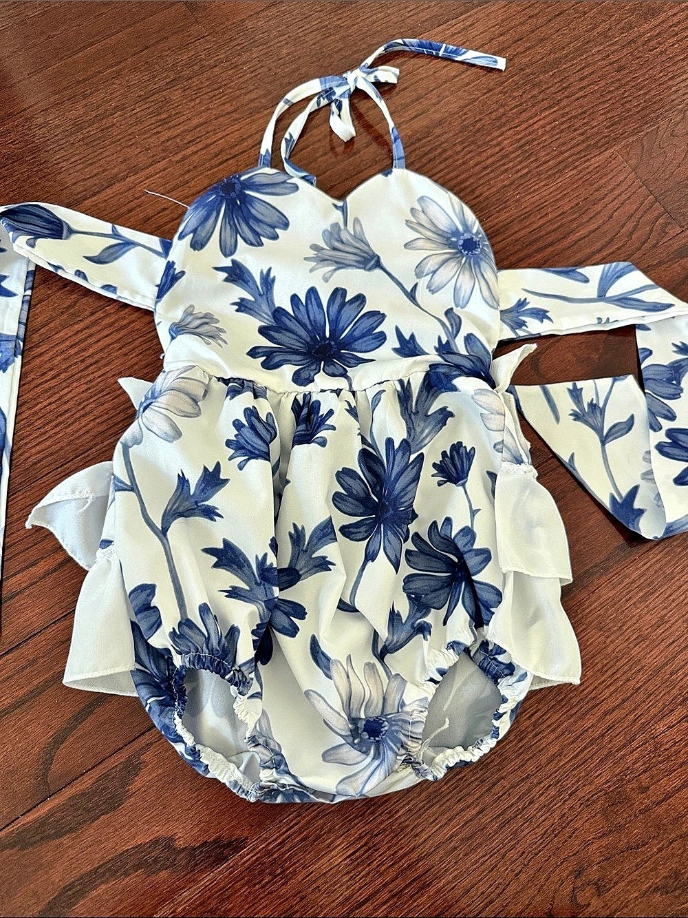 Floral Ruffle Romper in White & Blue Like New